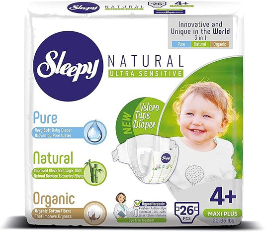 SOHO | Sleepy Natural Baby Diapers, Made from Organic Cotton and Bamboo Extract, Ultimate Comfort and Dryness, Disposable Diapers Snuggle Diaper (Size 4+ | 26 Count | Child Weight 20-35 lbs)