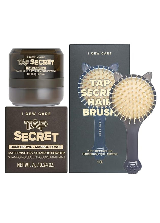 I DEW CARE Dry Shampoo Powder Set - Tap Secret Dark Brown + Detangling Brush with Mirror | Strengthening & Volumizing, Powder Type, Refillable, Travel size