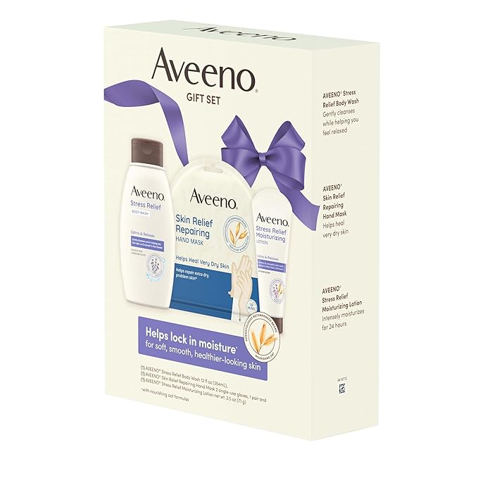 Aveeno Stress Relief Gift Set, Skincare Set for Sensitive Skin with Soothing Body Wash & Moisturizing Body Lotion, plus, Skin Relief Repairing Hand Masks for Very Dry Skin, 3 Items