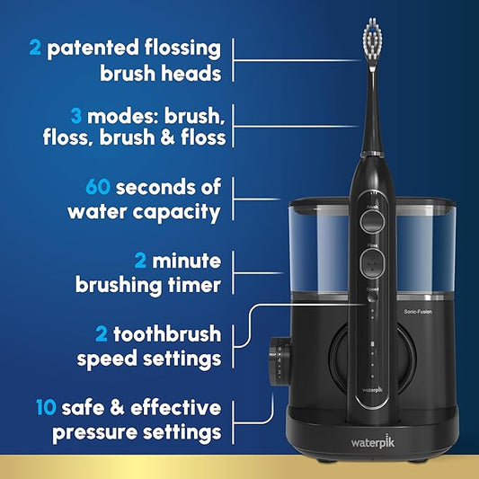 Waterpik Sonic-Fusion 2.0 Professional Flossing Electric Toothbrush with Water Flosser Combo In One, Black SF-04, Packaging May Vary