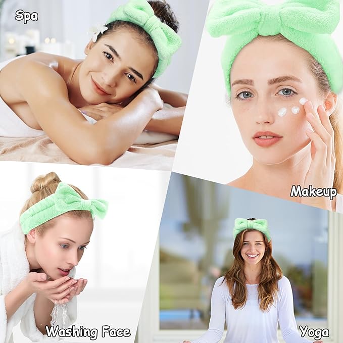 10 Pcs Green Face Wash Headbands, Spa Gifts for Women Girls, Soft Coral Fleece Skincare Headband, Bow Hair Bands, Spa Headbands for Face Washing Shower Skin Care Yoga