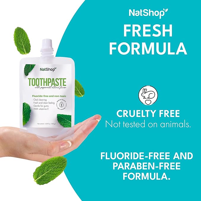 | Natural Mint Toothpaste Fluoride-Free with Coconut Oil and Vitamin E | Squeeze Pouch 3.38 Fl Oz (100 g) (3.5 Ounce (Pack of 1))