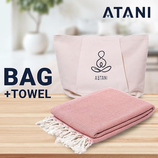 ATANI 69x35 in Oversized Turkish Beach Towel Set with Tote Bag – Quick-Dry 100% Turkish Cotton Peshtemal, Sand-Resistant, Lightweight for Shower, Travel, Pool, Yoga (Orange)