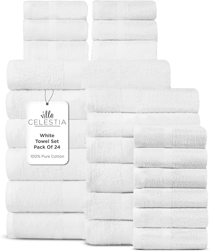 100% Cotton Bath Towel Set of 24-6 Bath Towels, 6 Hand Towels, 12 Wash Cloths, Sustainable, Soft, Highly Absorbent, Combed Cotton 24 Piece Set for Hotels, Spa, Bathroom, Dorm, White