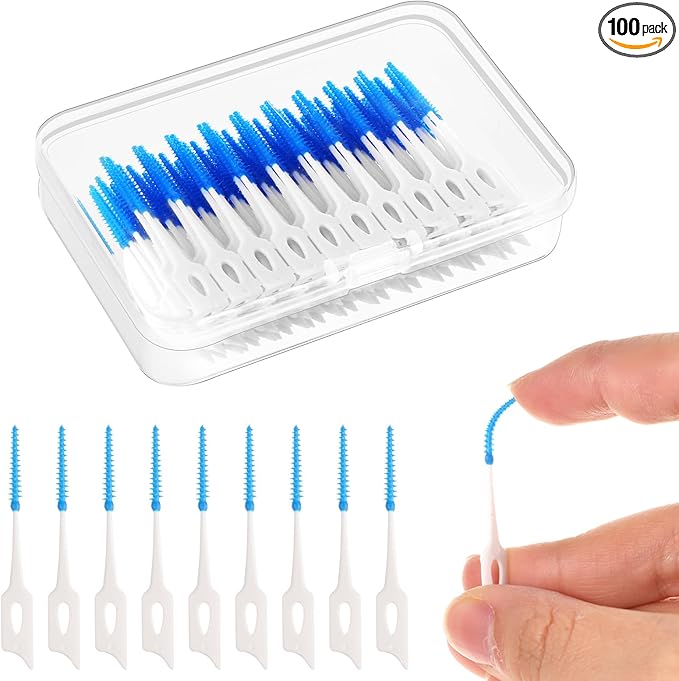 100 Pieces Interdental Brushes, Silicone Dental Floss Picks with Case Dental Brushes Dental Picks Blue Tooth Floss Picks for Teeth Cleaning