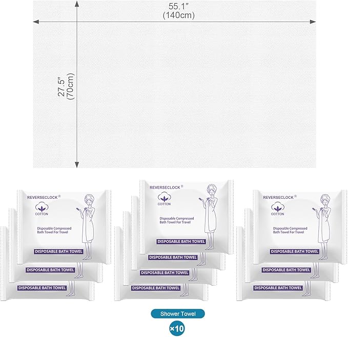 10 Pack Large Compressed Bath Towels Portable Lightweight Disposable Cotton Fiber Tablets Towel for Travel, Camping, Gym, Swimming, Beach (55" X 28")