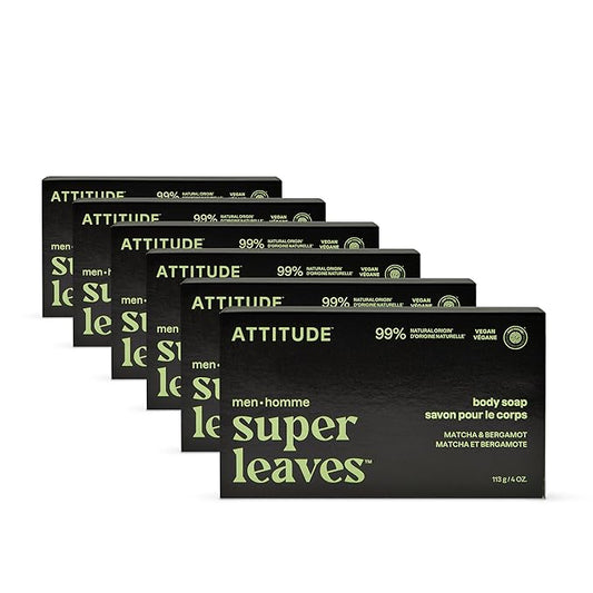 ATTITUDE Bar Soap Body Wash for Men, For Body and Hands, 99% Natural Origin Ingredients with Avocado Oil, EWG Verified, Matcha & Bergamot, 4 Oz (Pack Of 6)