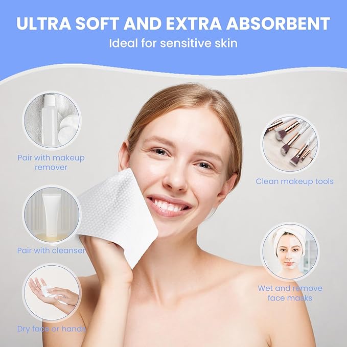 100 Sheet Daily Cleansing Towels Ultra Soft Dry Wipes for Sensitive Skin Disposable Facial Washcloths 100% Organic Viscose (Pack of 1)