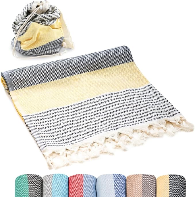 ATANI Turkish Beach Towel (71x39 Inches), Converts to a Bag, Oversized 100% Cotton Bath Towels Lightweight Quick-Dry Beach Blanket for Travel, Picnic, Camping, Yoga and Pool (Black x Yellow)