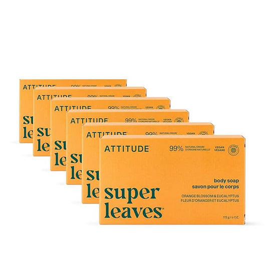 ATTITUDE Body Soap Bar, Natural Origin, Protects and Softens Dry Skin, Watercress, Indian Cress & Olive Oil, Made in Canada, EWG Verified & Vegan, Orange Blossom & Eucalyptus, 113 g (Pack of 6)