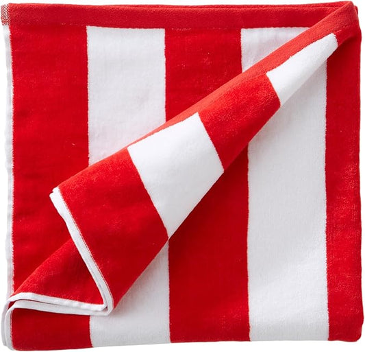 Great Bay Home 100% Cotton Velour Oversized 35" x 70" Beach Towel - Red Cabana Stripe Pool Towels - Quick Dry, Large Swim Towels for Adults and Kids
