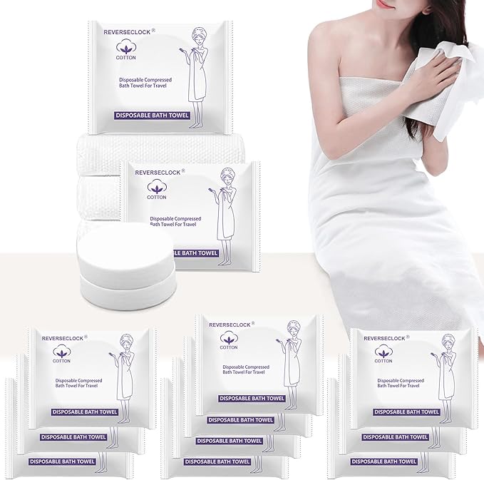 10 Pack Large Compressed Bath Towels Portable Lightweight Disposable Cotton Fiber Tablets Towel for Travel, Camping, Gym, Swimming, Beach (55" X 28")
