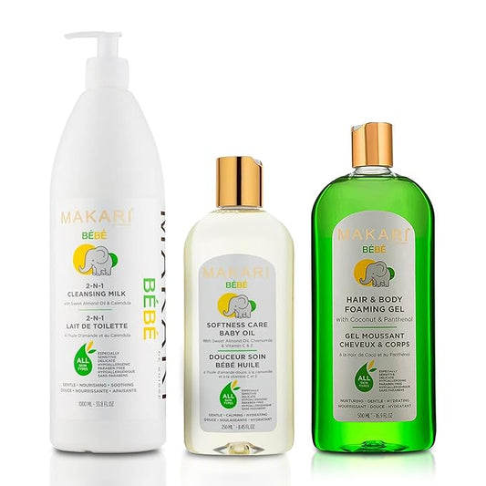 MAKARI Baby Care Set: Bebe Cleansing Milk (1000ml), Softness Care Baby Oil & Hair and Body Foaming Gel, Gentle, Nourishing, Hypoallergenic Skincare for Delicate, Sensitive Skin