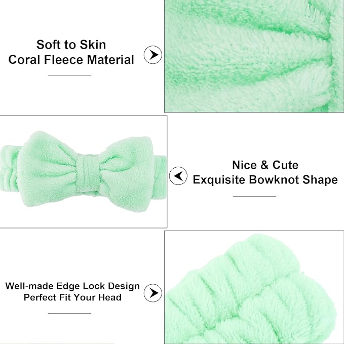 10 Pcs Green Face Wash Headbands, Spa Gifts for Women Girls, Soft Coral Fleece Skincare Headband, Bow Hair Bands, Spa Headbands for Face Washing Shower Skin Care Yoga