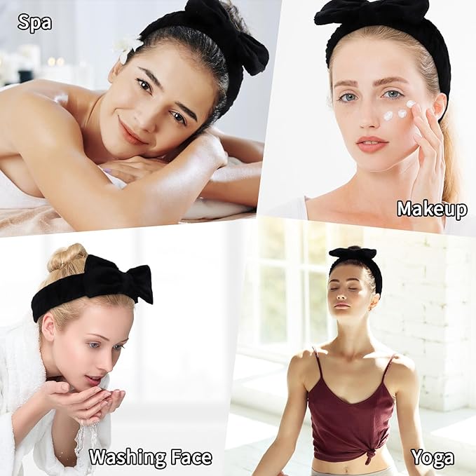 10 Pcs Black Face Wash Headbands, Spa Gifts for Women Girls, Soft Coral Fleece Skincare Headband, Bow Hair Bands, Beauty Headbands for Face Washing Shower Skin Care Yoga
