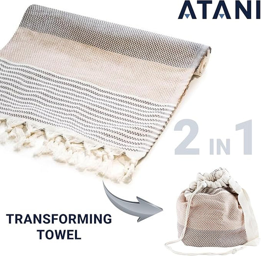 ATANI Turkish Beach Towel (71x39 Inches), Converts to a Bag, Oversized 100% Cotton Bath Towels Lightweight Quick-Dry Beach Blanket for Travel, Picnic, Camping, Yoga and Pool (Brown)