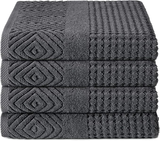 Texere 100% Organic Cotton Diamond Jacquard 700 GSM Luxury Bath Towel Sets - Ultra Soft and Absorbent Hotel and Spa Quality (Diamond, Charcoal, 4 Bath Towels)