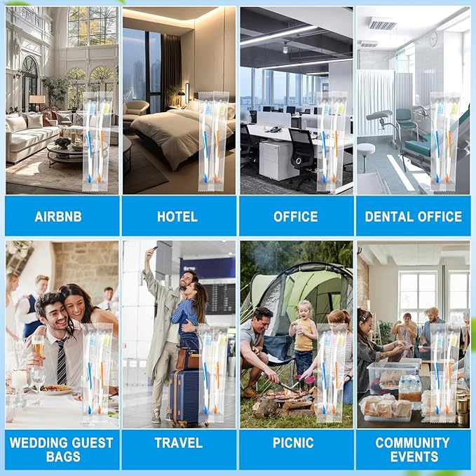 100 PCS Disposable Toothbrushes Individually Wrapped Bulk Toothbrush Pack, Medium Soft Toothbrushes for Adults, Kids, Guests, Travel, Hotel, Nursing, Donation (2 Colors)