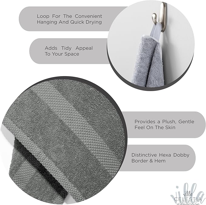 100% Cotton Hand Towel Set of 2, (16 x 28 inches) Sustainable, Soft, Highly Absorbent, Quick Drying, Combed Cotton Hand Towels Pack of 2 Ideal for Hotels, Spa, Bathroom, Dorm, Grey