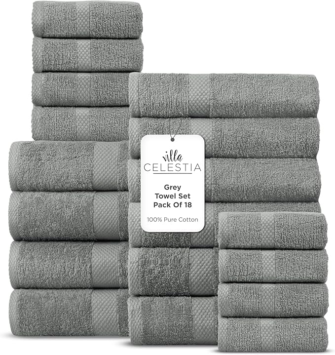 100% Cotton Bath Towel Set of 18-4 Bath Towels, 6 Hand Towels, 8 Wash Cloths, Sustainable, Soft, Highly Absorbent, Combed Cotton 18 Piece Set for Hotels, Spa, Bathroom, Dorm, Grey