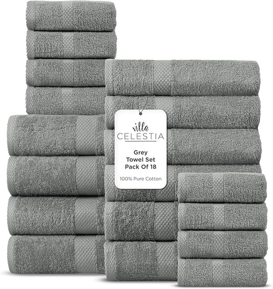 100% Cotton Bath Towel Set of 18-4 Bath Towels, 6 Hand Towels, 8 Wash Cloths, Sustainable, Soft, Highly Absorbent, Combed Cotton 18 Piece Set for Hotels, Spa, Bathroom, Dorm, Grey