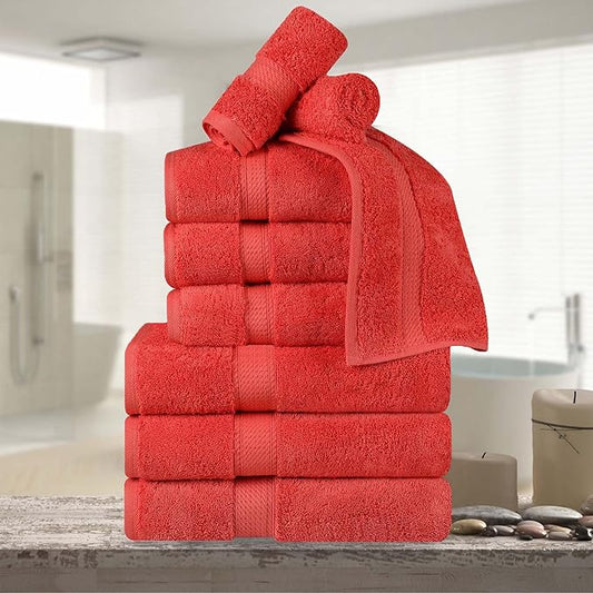 SUPERIOR Egyptian Cotton Pile 9 Piece Towel Set, Includes 3 Bath, 3 Hand, 3 Face Towels/Washcloths, Ultra Soft Luxury Towels, Thick Plush Essentials, Guest Bath, Spa, Hotel Bathroom, Coral