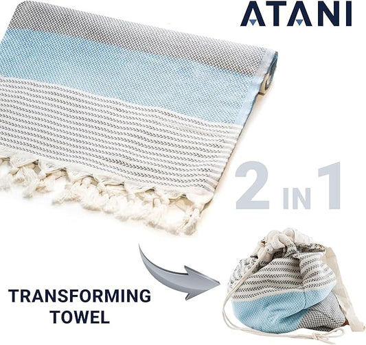 ATANI Turkish Beach Towel (71x39 Inches), Converts to a Bag, Oversized 100% Cotton Bath Towels Lightweight Quick-Dry Beach Blanket for Travel, Picnic, Camping, Yoga and Pool(Grey x Turquise)
