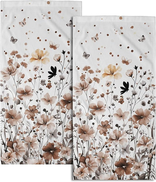 Fall Wildflowers Hand Towel Set of 2, 14x28 Inch Rustic Vintage Watercolor Gray Floral Botanical Absorbent Soft Dish Cloth Towels for Home Kitchen Bathroom Autumn Seasonal Decor