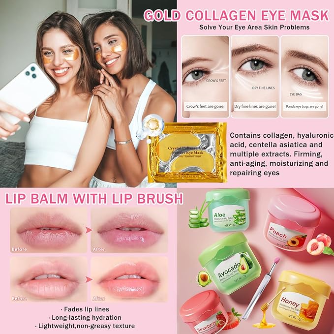 100 PCS Spa Party Supplies for Girls & Women, Facial Masks-Hand Cream-Lip Balm-Bath Bomb-Eye Mask-Compressed Towel-Hair Ties-Lip Brush-Organza Bag-Greeting Card, Sleepover Party Supplies for Girls