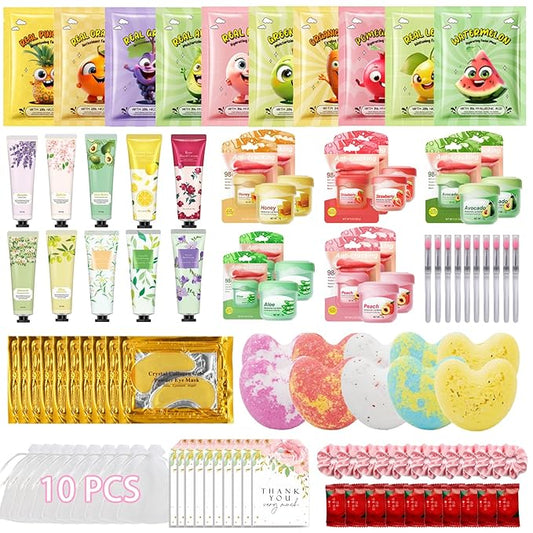 100 PCS Spa Party Supplies for Girls & Women, Facial Masks-Hand Cream-Lip Balm-Bath Bomb-Eye Mask-Compressed Towel-Hair Ties-Lip Brush-Organza Bag-Greeting Card, Sleepover Party Supplies for Girls