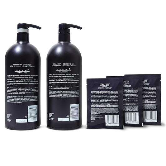 Nexxus Keraphix Shampoo and Conditioner - Damaged Hair Treatment System with Keratin Protein and Black Rice, 2 Count & 3 Repair Masks Treatment, 33.8 oz, 1.5 oz, 3 Count, 5 Count ( Pack of 1)