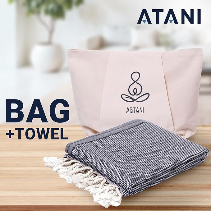 ATANI 69x35 in Oversized Turkish Beach Towel Set with Tote Bag – Quick-Dry 100% Turkish Cotton Peshtemal, Sand-Resistant, Lightweight for Shower, Travel, Pool, Yoga (Black)