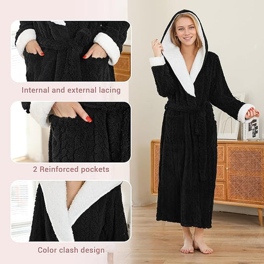 LYCY Plush Full-Length Hooded Robe for Women, Warm Winter Fleece Bathrobe with Pockets
