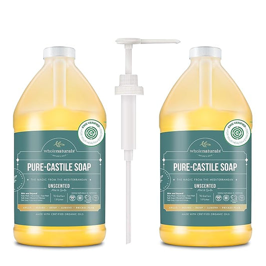 Pure Castile Soap Liquid, EWG Verified & Certified Palm Oil Free Unscented, Natural, Mild & Gentle Non-gmo & Vegan - Organic Body Wash, Laundry, Pet/Dog and Baby Soap -Pack of 2 w/pump