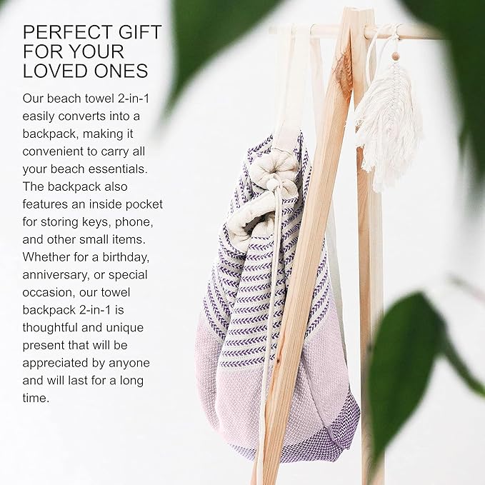 ATANI Turkish Beach Towel (71x39 Inches), Converts to a Bag, Oversized 100% Cotton Bath Towels Lightweight Quick-Dry Beach Blanket for Travel, Picnic, Camping, Yoga and Pool (Lavender)