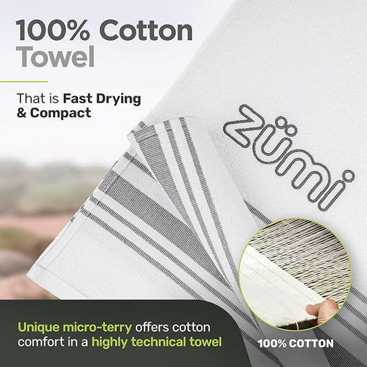 Zumi 100% Cotton Quick Dry Large Travel Towel - Soft, Thin, Compact, Highly Absorbent, Lightweight Camping Towel for Beach, Gym, Bath, Shower, Swimming, Dorm, RV - White