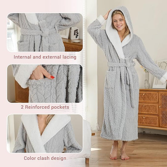 LYCY Plush Full-Length Hooded Robe for Women, Warm Winter Fleece Bathrobe with Pockets