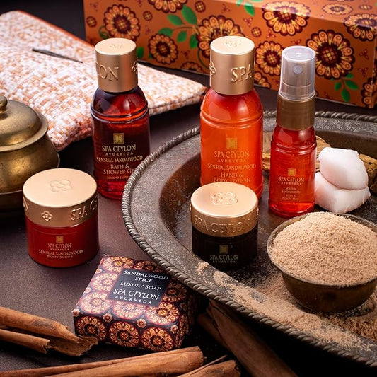 SPA CEYLON Sensual Sandalwood Home Spa Set | Body Care Set & Mini Travel Bag | Organic Self-Care Set | Vegan | Ayurveda Gifting
