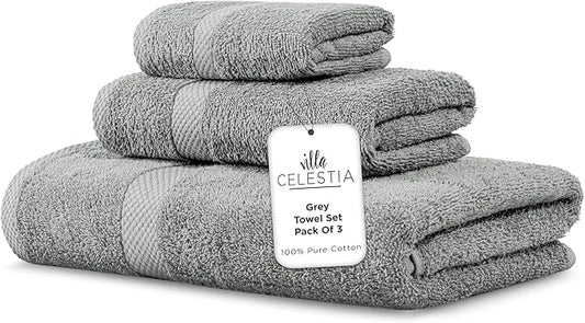 100% Combed Cotton Bathroom Towel Set of 3- 1 Bath Towel, 1 Hand Towel, 1 Wash Cloth, Sustainable, Soft, Highly Absorbent 3 Piece Cotton Bath Towel Set Ideal for Hotels, Spa, Bathroom, Dorm, Grey