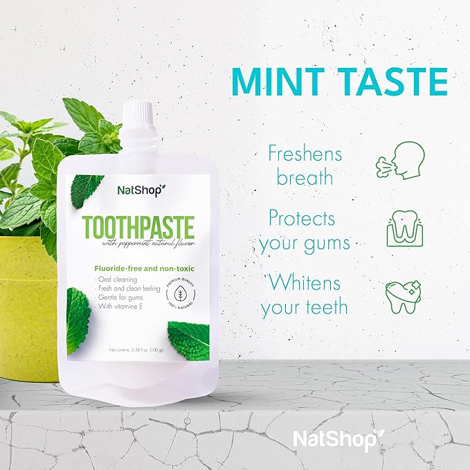 | Natural Mint Toothpaste Fluoride-Free with Coconut Oil and Vitamin E | Squeeze Pouch 3.38 Fl Oz (100 g) (3.5 Ounce (Pack of 1))