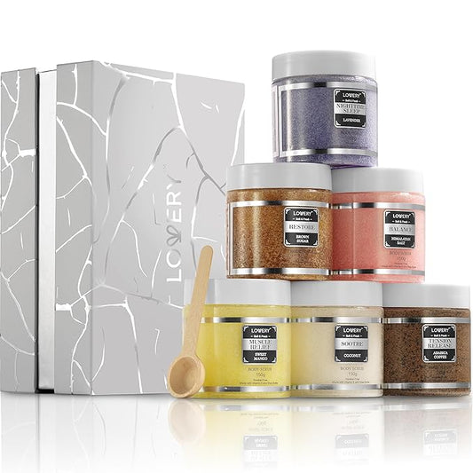 Body Scrub, Birthday Gifts for Women & Men, 6pc Exfoliating Body, Face, Hand Foot Scrub, Himalayan Salt, Brown Sugar, Coconut, Arabica Coffee, Acne Stretch Marks & Cellulite Remover, Essential Oils