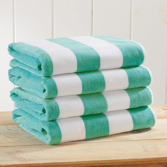 Great Bay Home 100% Cotton Velour Oversized 4 Pack Beach Towels 35" x 70" - Teal Cabana Pool Towels - Quick Dry, Large Swim Towels for Adults and Kids