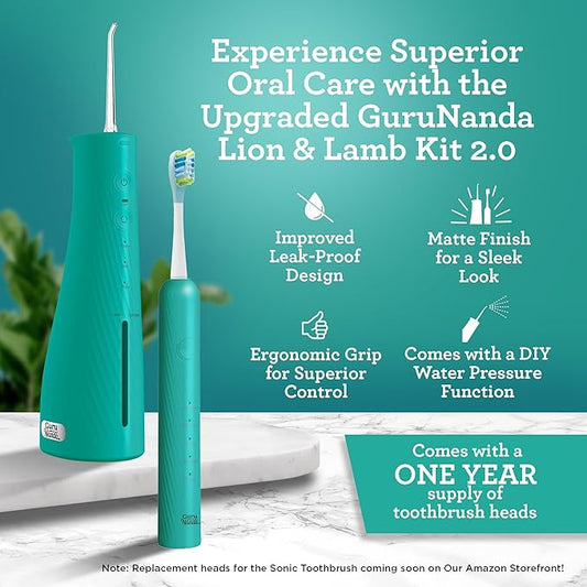 GuruNanda Lion & Lamb Kit 2.0, Electric Toothbrush with Water Flosser Combo, 4 Jet Tips, 4 Brush Heads, & IPX7 Waterproof Design for Complete Oral Care, Teal