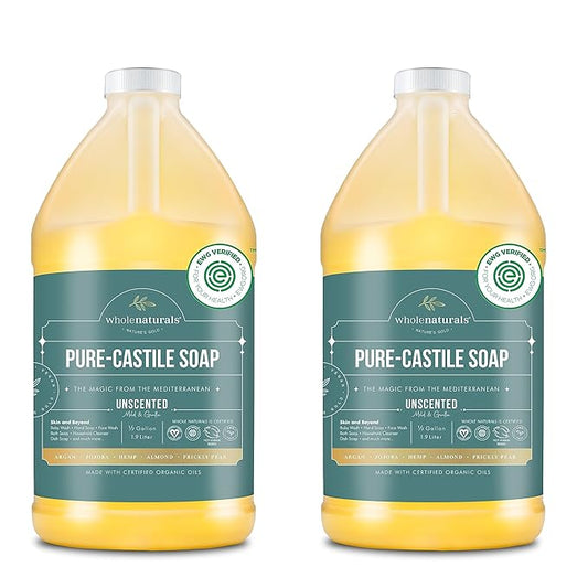 Pure Castile Soap Liquid Unscented, EWG Verified & Certified Palm Oil Free-1 gallon (64oz x2 bottles) Natural, Mild & Gentle Non-gmo & Vegan-Organic Body Wash, Laundry & Baby Soap