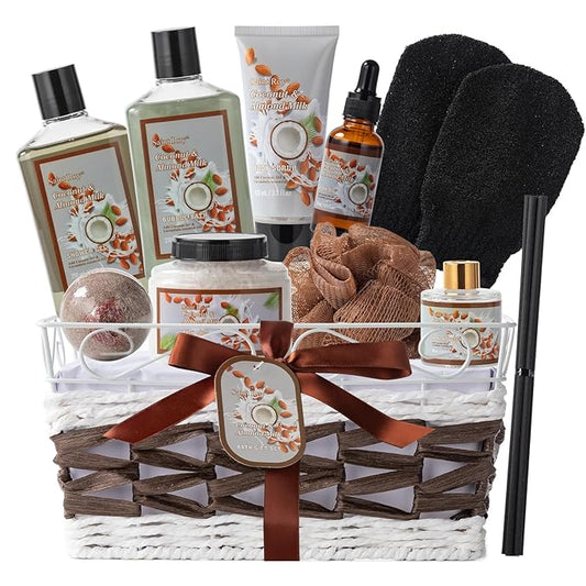 Coconut Almond spa kit christmas gift Bath and Body Gift Basket For Women & Men Spa Gift Basket,16 Pcs Bath Gift Set With Fragrant Lotion, Home Spa Luxurious Bath Body Oil, Diffuser & More