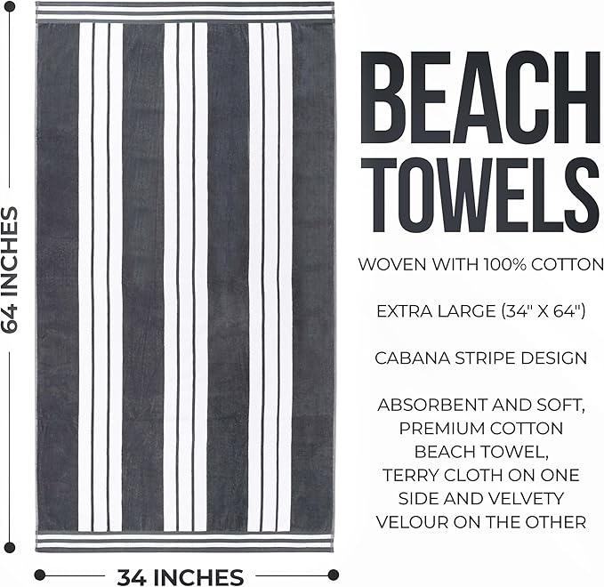 Superior Oversized Cotton Beach Towel Set of 2, Absorbent Towels For Bathroom, Beach, Pool, Swim, Adults, Kids, Vacation, Travel, Bath Sheet, Quick Dry Basics, Trip Essentials, Striped Decor, Charcoal