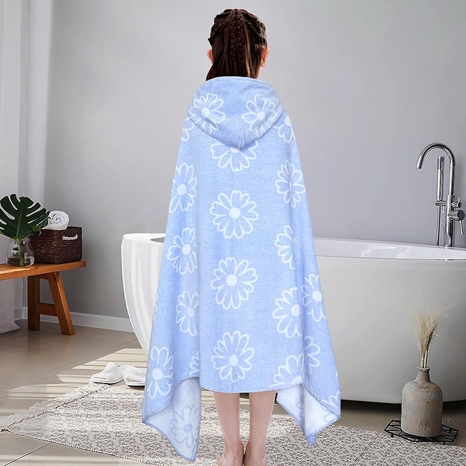 VOOVA & MOVAS Hooded Bath Towels for Teens/Big Kids (8-14 Years) | Soft Absorbent 100% Cotton Thick Towel Wrap | Versatile Beach, Pool, Swim & Bath Cover-Up | Jacquard Blue Daisy