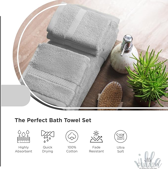 100% Cotton Bath Towel Set of 18-4 Bath Towels, 6 Hand Towels, 8 Wash Cloths, Sustainable, Soft, Highly Absorbent, Combed Cotton 18 Piece Set for Hotels, Spa, Bathroom, Dorm, Silver
