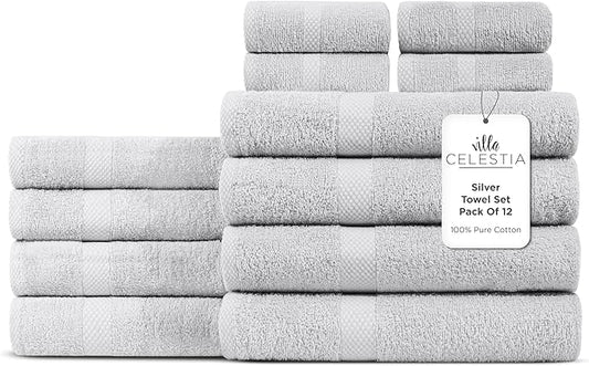 100% Cotton Bath Towel Set of 12-4 Bath Towels, 4 Hand Towels, 4 Wash Cloths, Sustainable, Soft, Highly Absorbent, Combed Cotton 12 Piece Set for Hotels, Spa, Bathroom, Dorm, Silver