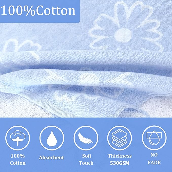 VOOVA & MOVAS Hooded Bath Towels for Teens/Big Kids (8-14 Years) | Soft Absorbent 100% Cotton Thick Towel Wrap | Versatile Beach, Pool, Swim & Bath Cover-Up | Jacquard Blue Daisy